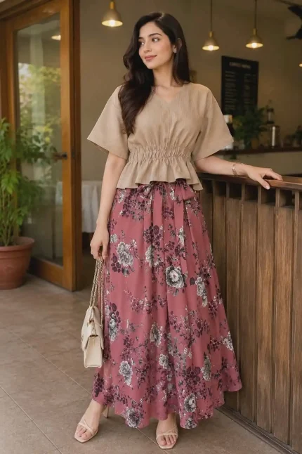 Brown and Beige Skirtt & Top Combo Set