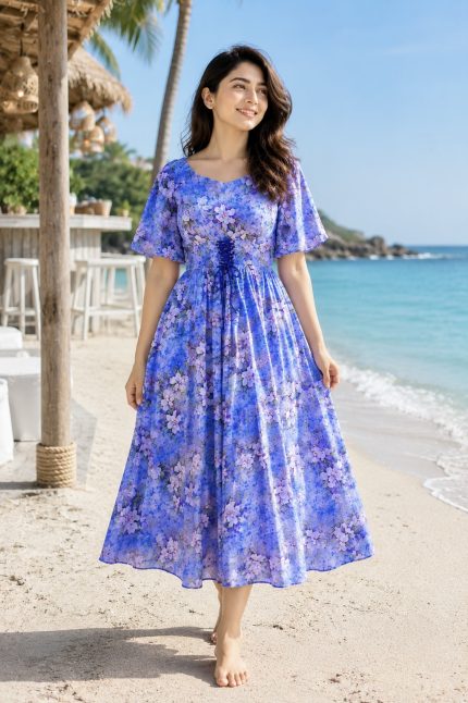 Blue Floral Cotton Georgette Midi Dress