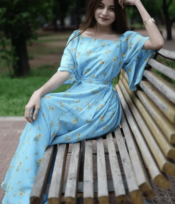 Sky Blue Floral Beach Gown Side View(2)